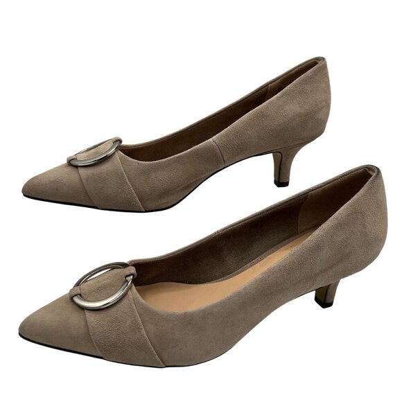 Bella Vita Womens 8 WW Taupe Suede Leather Kitten Heel Pumps Buckle Minimalist - Picture 2 of 12
